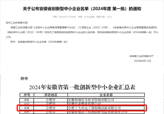 公司荣获“安徽省创新型中小企业”荣誉称号